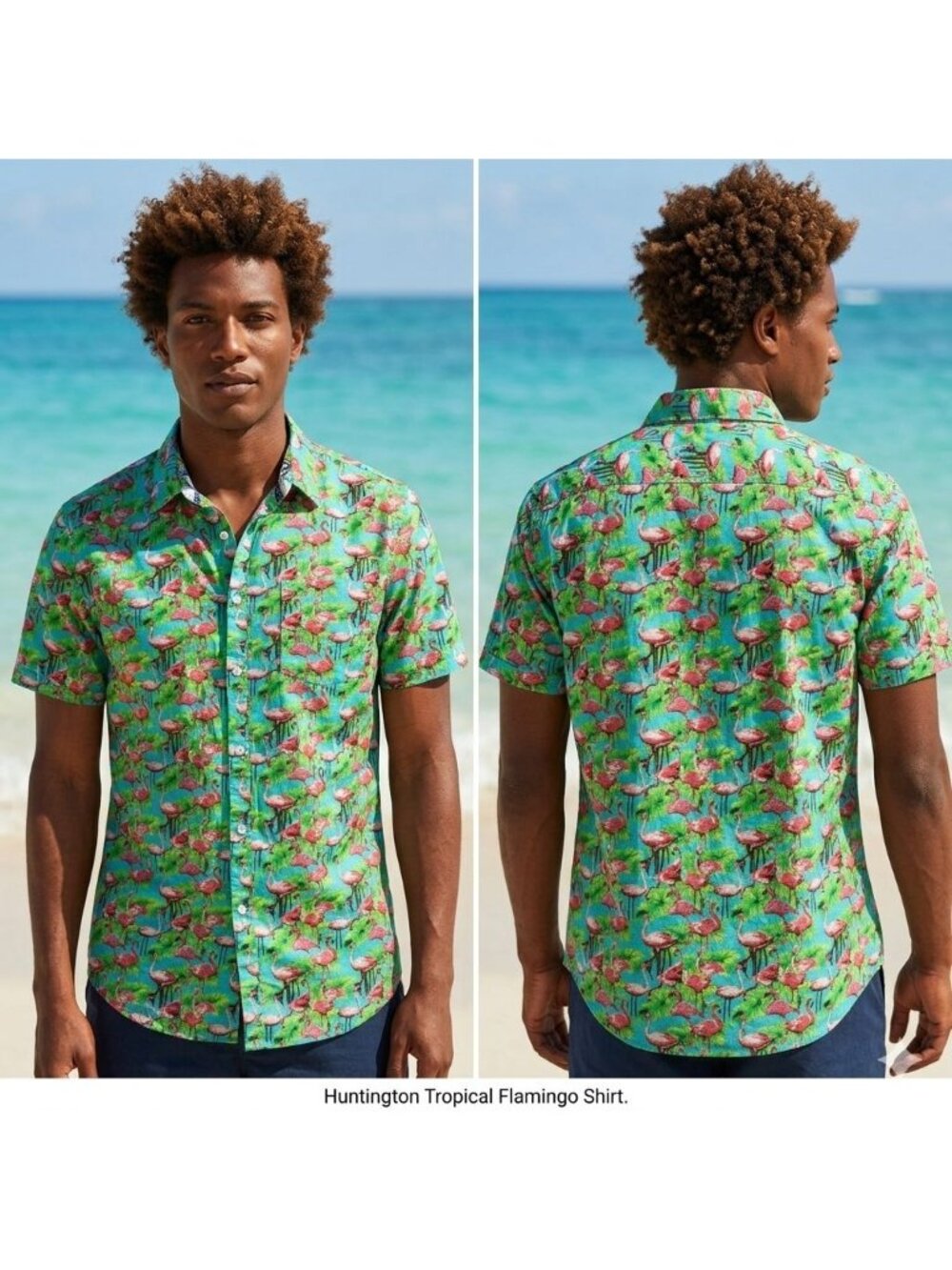 Huntington Beach Club Mens Hawaiian Shirt Large Short Sleeve Green Flamingo Top